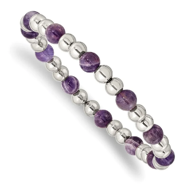 Best bangle bracelets with intricate filigree patterns for an elegant and detailed finish-Stainless Steel Polished Purple Zebra Amethyst Beaded Stretch Bracelet