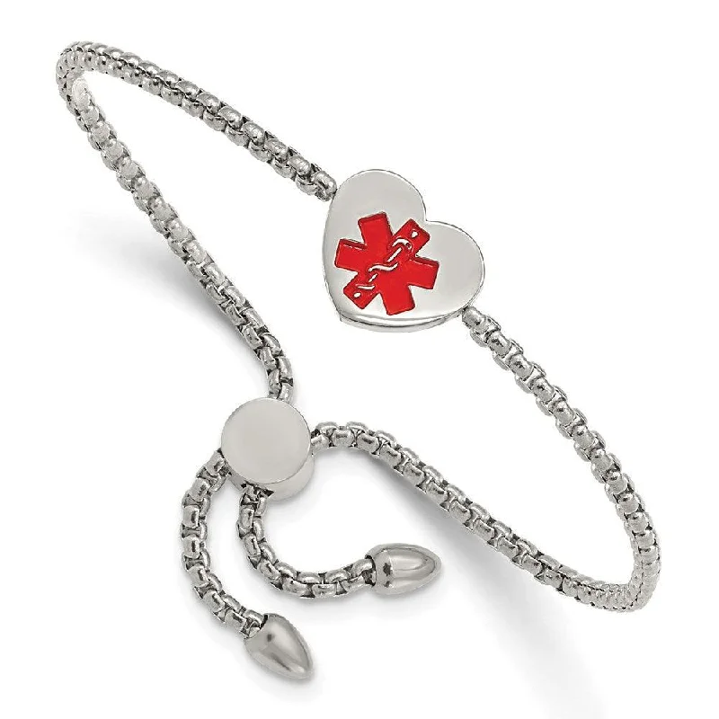 Best bangle bracelets with natural wood for a unique and earthy aesthetic-Stainless Steel Polished Red Enamel Heart Medical ID Adjustable Bracelet