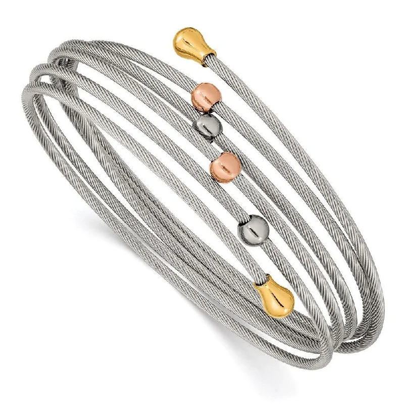 Stacked bangle bracelets with alternating textures for a dynamic, trendy look-Stainless Steel Polished Rose and Yellow IP-plated Flexible Coil Bangle