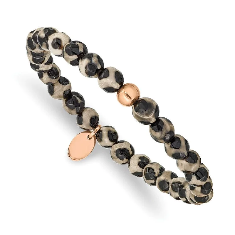 Wide bangle bracelets with boho-inspired patterns for a free-spirited design-Stainless Steel Polished Rose IP Black and White Agate Stretch Bracelet