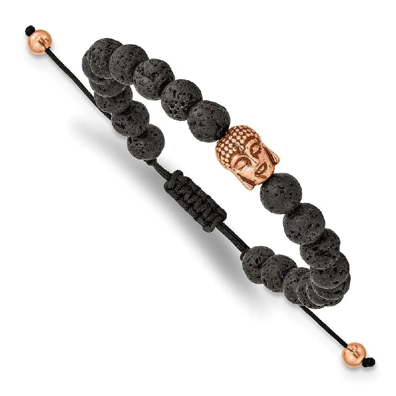 Elegant bangle bracelets with diamonds for a luxurious and sparkling accessory-Stainless Steel Polished Rose IP Lava Stone Buddha Adjustable Bracelet