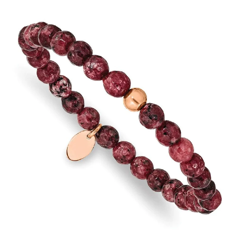 Best bangle bracelets with hammered gold finishes for a textured, rustic feel-Stainless Steel Polished Rose IP-plated Red Jade Stretch Bracelet