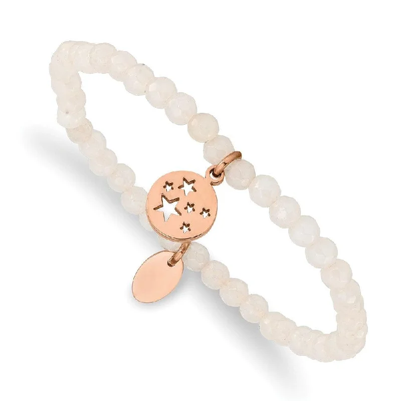 Best bangle bracelets with sapphire stones for an elegant and rich pop of color-Stainless Steel Polished Rose IP Stars White Jade Beaded Stretch Bracelet