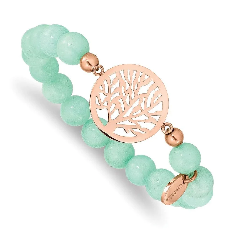 Stacked bangle bracelets with alternating textures for a dynamic, trendy look-Stainless Steel Polished Rose IP Tree Green Dyed Jade Stretch Bracelet