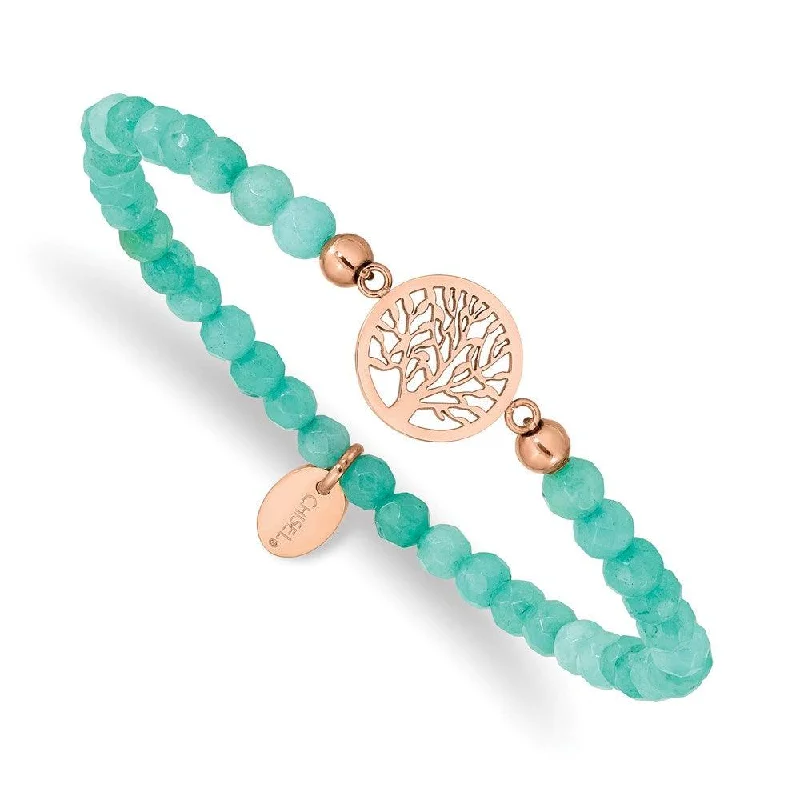 Simple gold bangle bracelets with smooth finishes for a classic and elegant style-Stainless Steel Polished Rose IP Tree of Life Mint Jade Stretch Bracelet