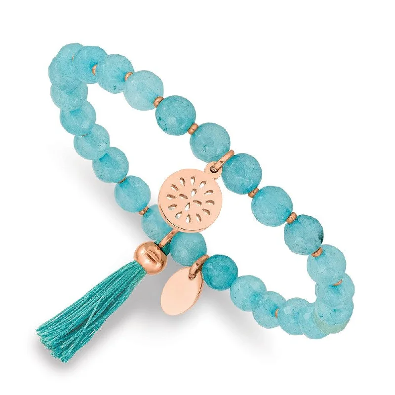 Best bangle bracelets with turquoise and silver for a Southwestern-inspired aesthetic-Stainless Steel Polished Rose IP w/Tassel Mint Jade Stretch Bracelet