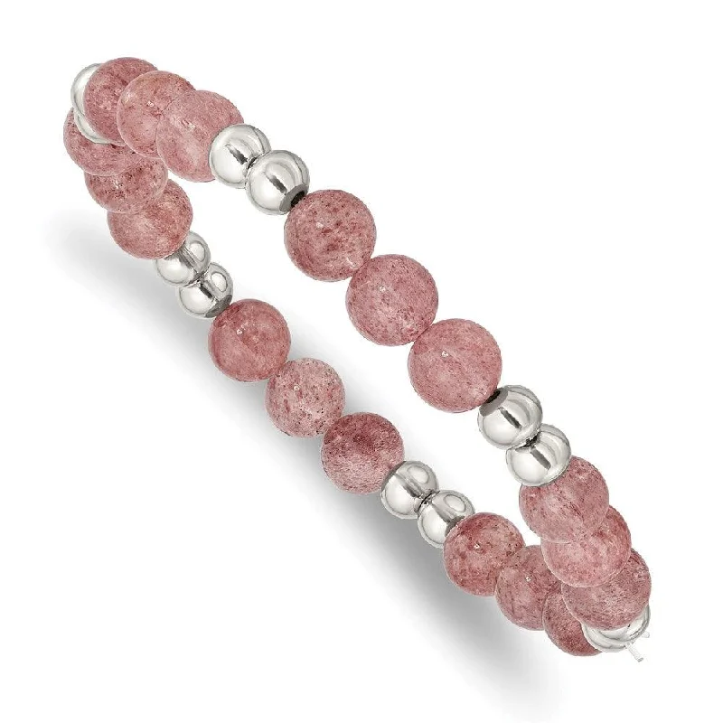 Classic bangle bracelets with clean lines for an elegant and versatile accessory-Stainless Steel Polished Strawberry Quartz Beaded Stretch Bracelet