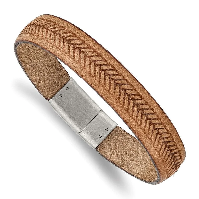 Simple gold bangle bracelets with smooth finishes for a classic and elegant style-Stainless Steel Polished Tan Italian Leather 8.75in Bracelet