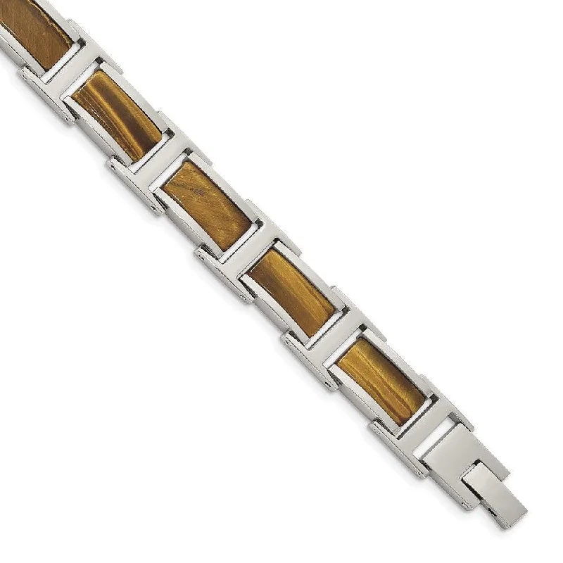 Bangle bracelets with gold and silver mixed metals for a stylish and versatile accessory-Stainless Steel Polished Tiger's Eye 8.5in Link Bracelet