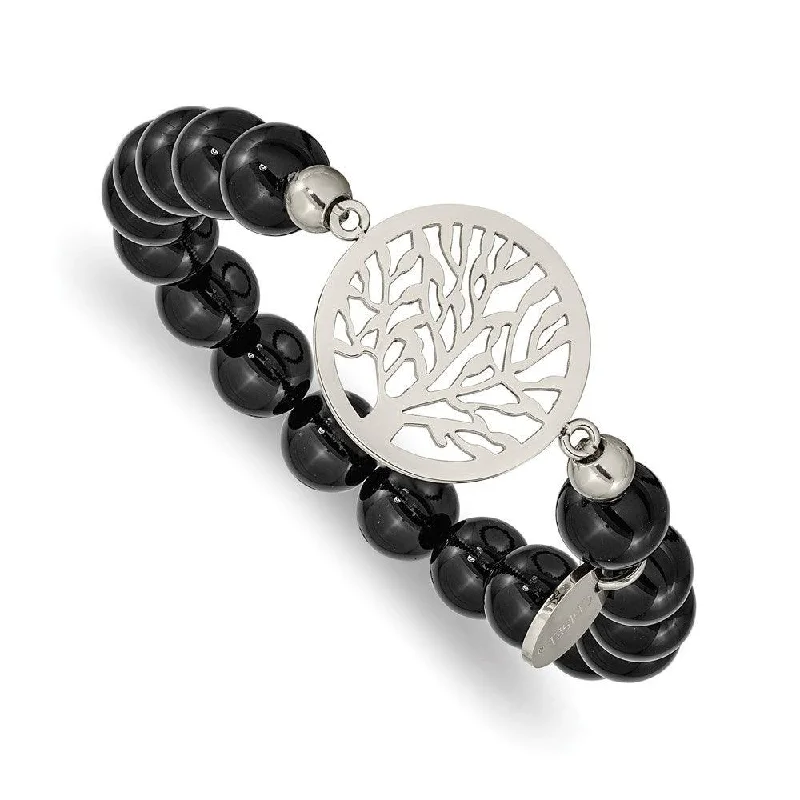 Best bangle bracelets with gemstone clusters for a bold and colorful statement piece-Stainless Steel Polished tree of Life Black Agate Beaded Stretch Bracelet