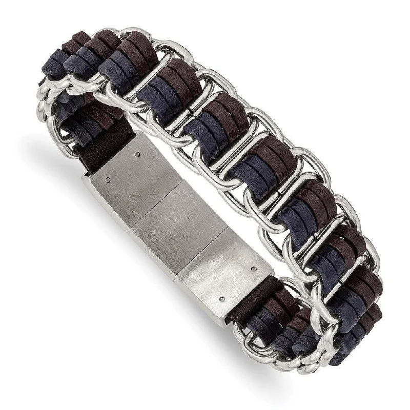 Best bangle bracelets with crystal accents for added sparkle and glamour-Stainless Steel Polished w/Blue and Brown Leather w/.5in ext 8in Bracelet