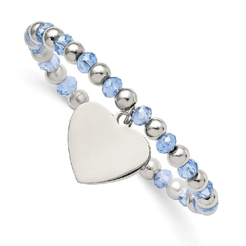 Best bangle bracelets with pastel enamel for a soft and delicate aesthetic-Stainless Steel Polished w/Blue Glass Beads Heart Dangle Stretch Bracelet