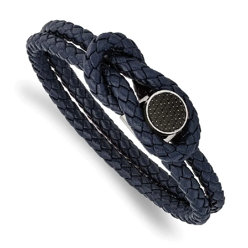 Best bangle bracelets with sapphire stones for an elegant and rich pop of color-Stainless Steel Polished w/Carbon Fiber Inlay Navy Leather 8.5in Bracelet