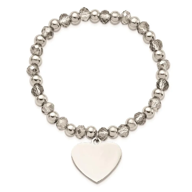 Oversized bangle bracelets with unique textures for a statement-making accessory-Stainless Steel Polished w/Grey Glass Beads Heart Dangle Stretch Bracelet