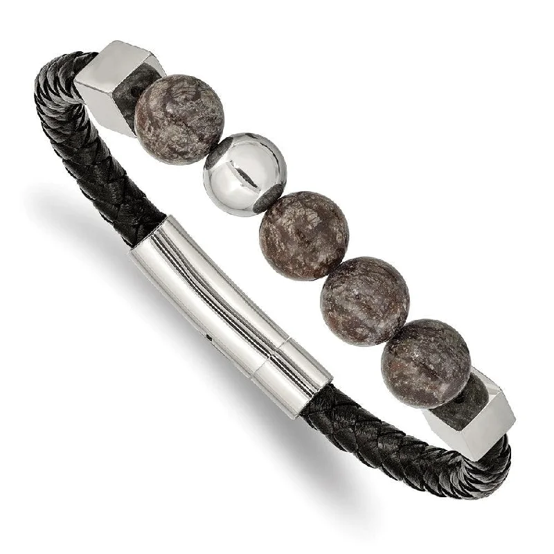 Best bangle bracelets with stacked designs for a trendy and fashionable look-Stainless Steel Polished w/Labradorite Black Leather 8.5in Bracelet