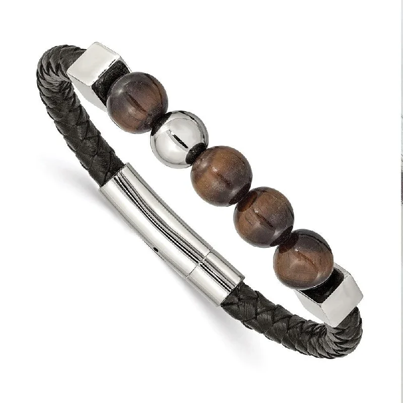 Chunky bangle bracelets with metallic finishes for a bold and statement-making look-Stainless Steel Polished w/Tiger's Eye Beads Black Leather 8in Bracelet