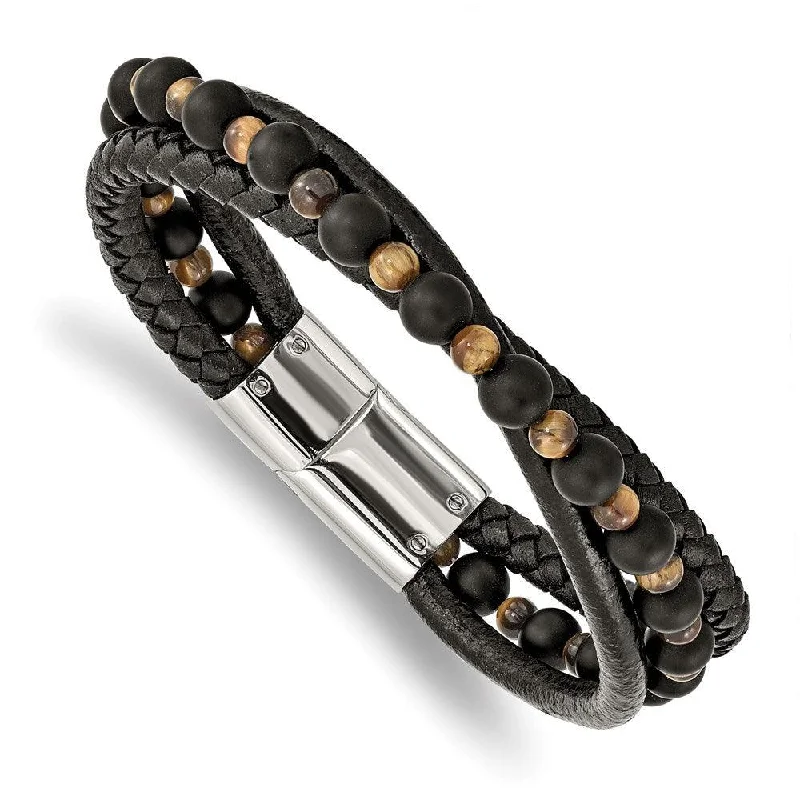 Lightweight bangle bracelets with subtle shimmer for an understated yet elegant look-Stainless Steel Polished w/Tiger's Eye/Black Agate Leather 8.25in Bracelet