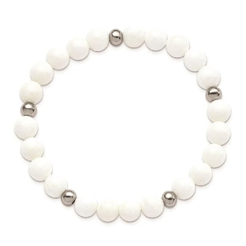 Best bangle bracelets with silver-plated finishes for an affordable and stylish accessory-Stainless Steel Polished White Ceramic Beaded Stretch Bracelet