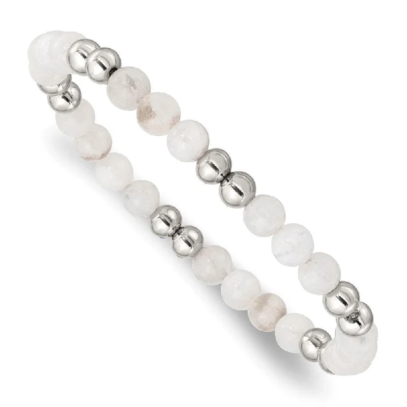 Simple bangle bracelets with smooth matte finishes for a subtle and modern style-Stainless Steel Polished White Moonstone Beaded Stretch Bracelet