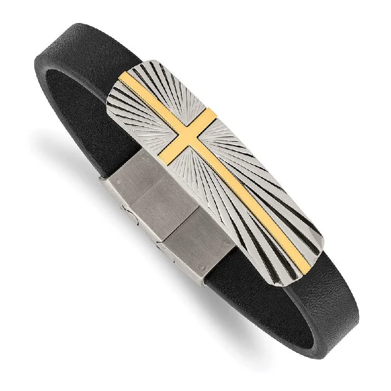 Best bangle bracelets with durable enamel finishes for long-lasting wear and vibrant colors-Stainless Steel Polished Yellow IP Cross Black Leather w/.5in ext Bracelet