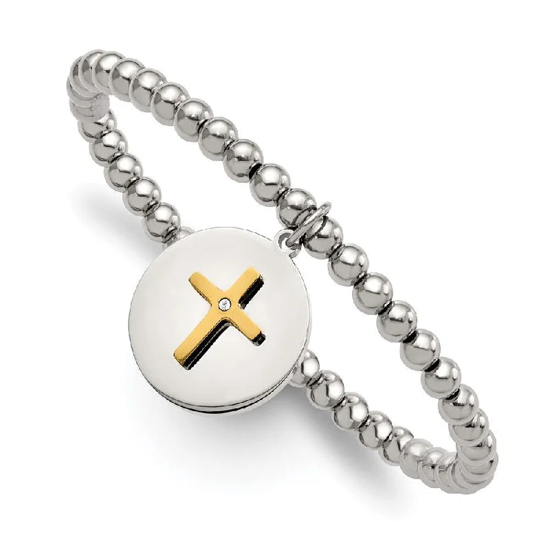 Best bangle bracelets with engraved inspirational quotes for an uplifting and stylish gift-Stainless Steel Polished Yellow IP Cross w/Crystal FAITH Stretch Bracelet