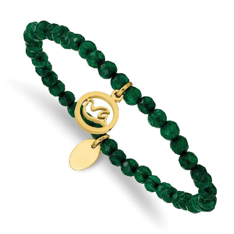 Customizable bangle bracelets with initials for a personalized, meaningful gift-Stainless Steel Polished Yellow IP Dove Green Jade Beaded Stretch Bracelet