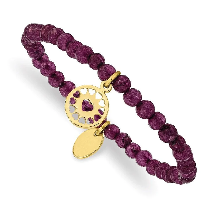 Lightweight bangle bracelets with subtle shimmer for an understated yet elegant look-Stainless Steel Polished Yellow IP Heart Dark Purple Jade Stretch Bracelet