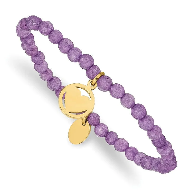 Best bangle bracelets with crystal inlays for a sparkling, glamorous appearance-Stainless Steel Polished Yellow IP Heart Light Purple Jade Stretch Bracelet