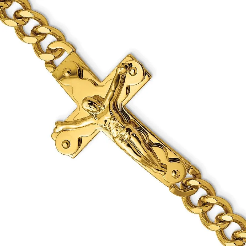 Best bangle bracelets with stacked designs for a trendy and fashionable look-Stainless Steel Polished Yellow IP-plated Crucifix 8.25in Bracelet