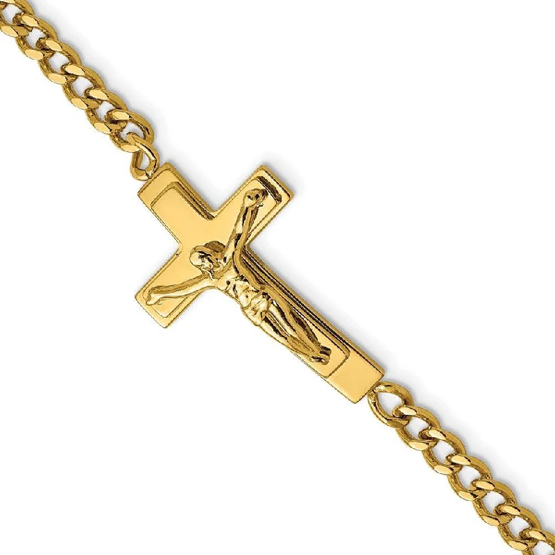 Minimalist bangle bracelets with a thin profile for a sleek and subtle appearance-Stainless Steel Polished Yellow IP-plated Crucifix 8in Bracelet