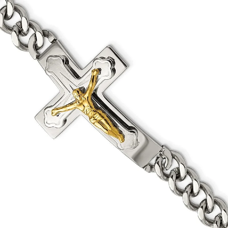 Art deco bangle bracelets with bold lines and shapes for a vintage-inspired flair-Stainless Steel Polished Yellow IP-plated Crucifix 8in Bracelet