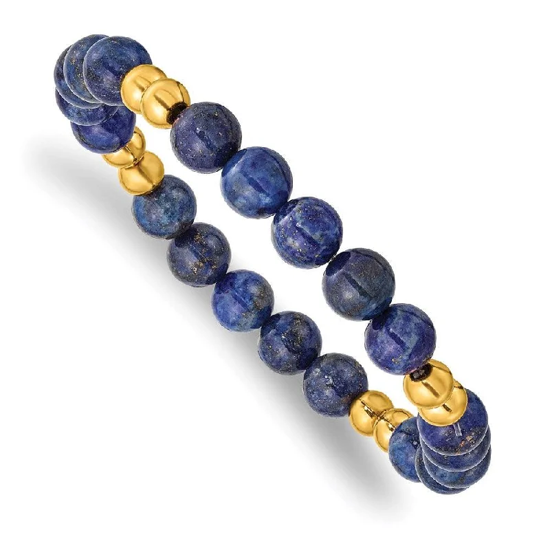 Best bangle bracelets with engraved initials for a personalized and meaningful gift-Stainless Steel Polished Yellow IP-plated w/Lapis Beaded Stretch Bracelet