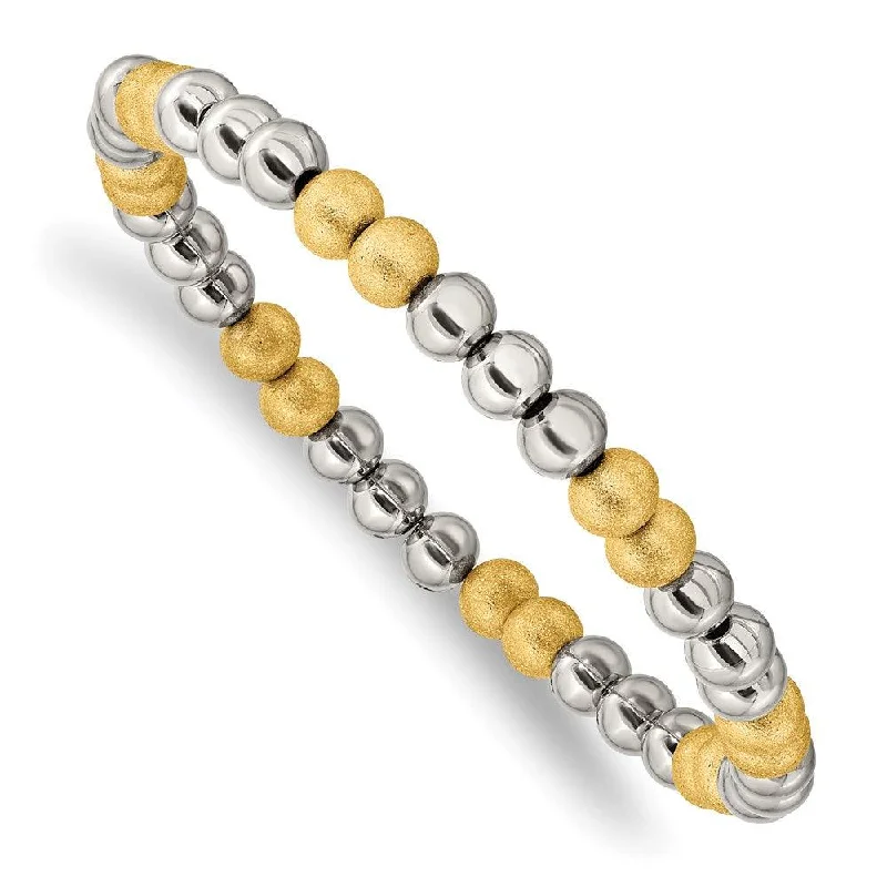 Best bangle bracelets with cubic zirconia inlays for affordable elegance and sparkle-Stainless Steel Polished Yellow IP Sand Blasted Beaded Stretch Bracelet