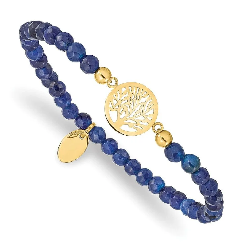 Best bangle bracelets with pastel enamel for a soft and delicate aesthetic-Stainless Steel Polished Yellow IP Tree of Life Blue Jade Stretch Bracelet