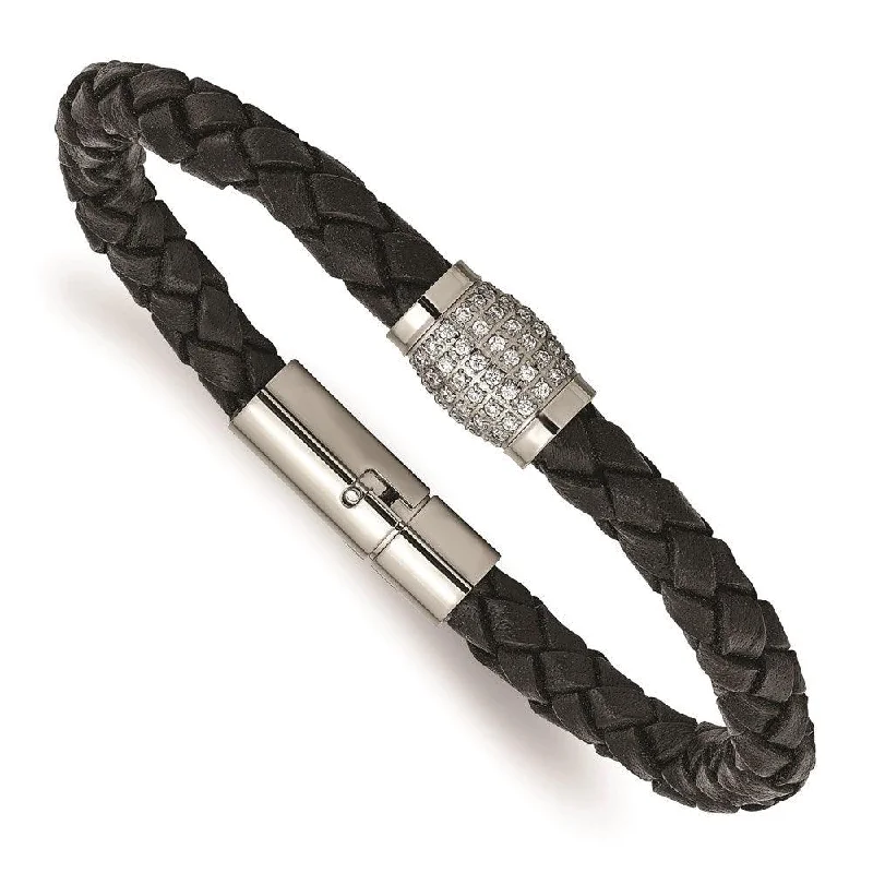 Elegant bangle bracelets with diamonds for a luxurious and sparkling accessory-Titanium Polished CZs Black Leather Bracelet